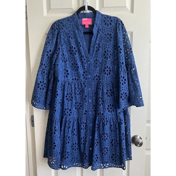 LILLY PULITZER Navy Oyster Bay Hazelanne Eyelet Sunflower Button Front Dress 16 - Picture 3 of 14